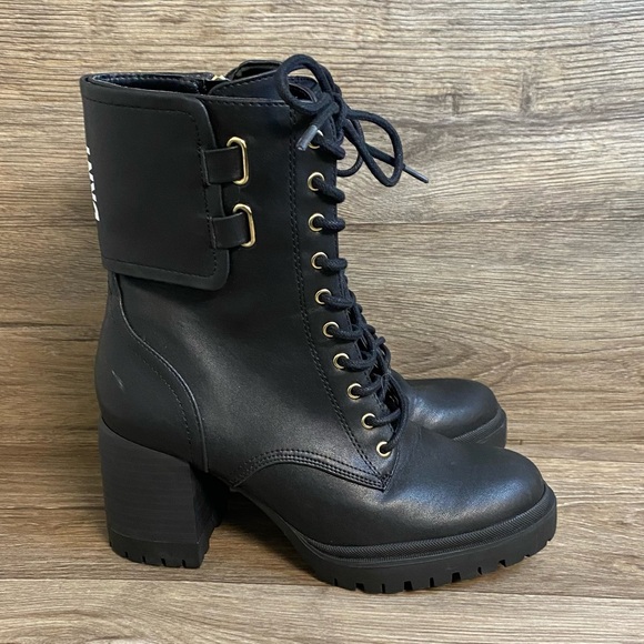 Dkny Platform Ankle Boots Wmns 6 Black Faux Leather Buckle Laceup Zip Grunge - Picture 2 of 8